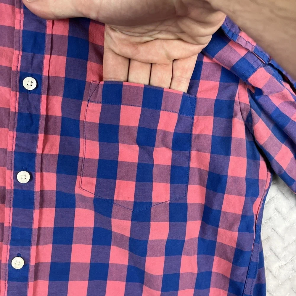 J Crew‎ Shirt Mens M Red(Pink)Blue Gingham Check Slim Untucked Stretch Button